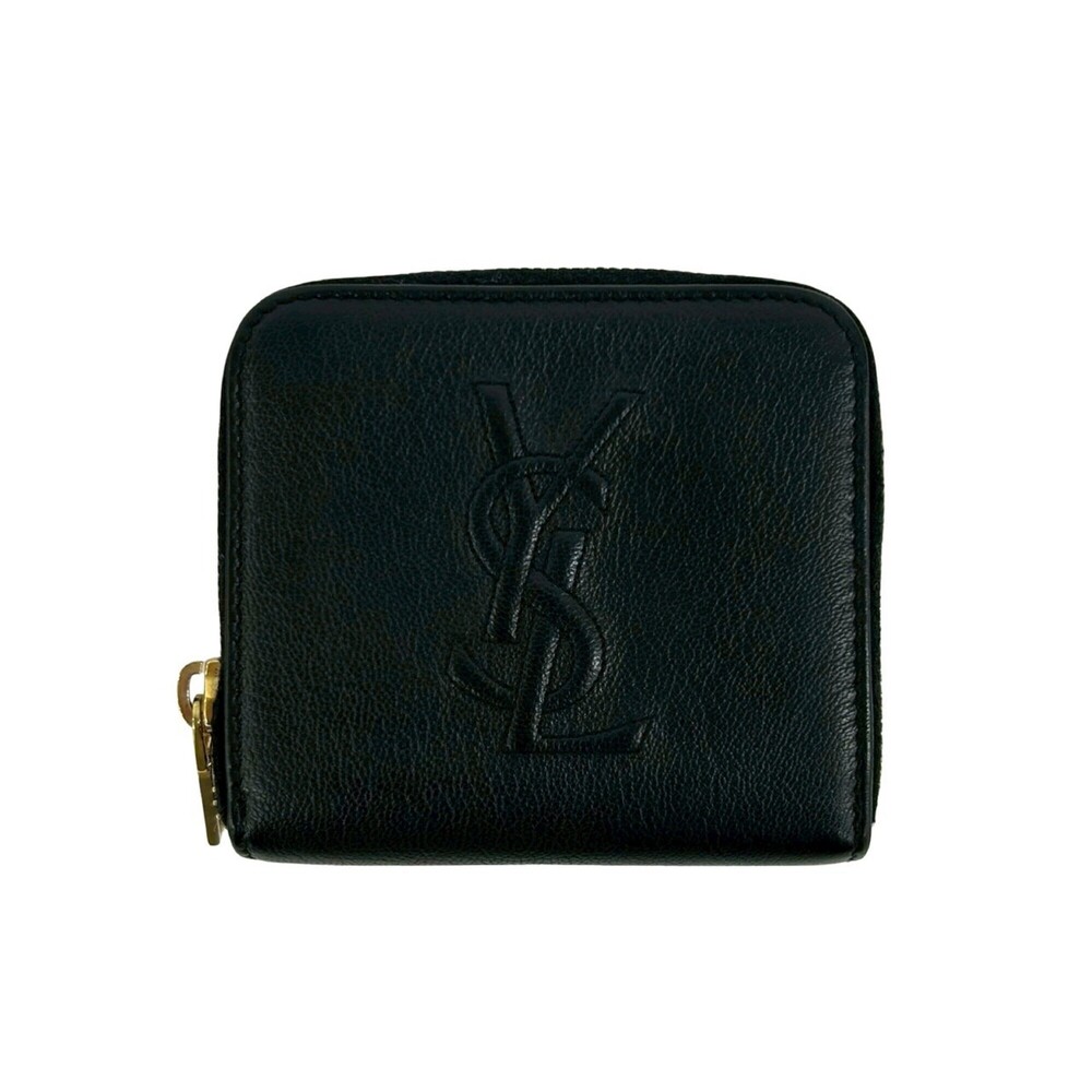 YVES SAINT LAURENT YSL Logo Leather Bi-fold Wallet with Round Zip, Black 62086